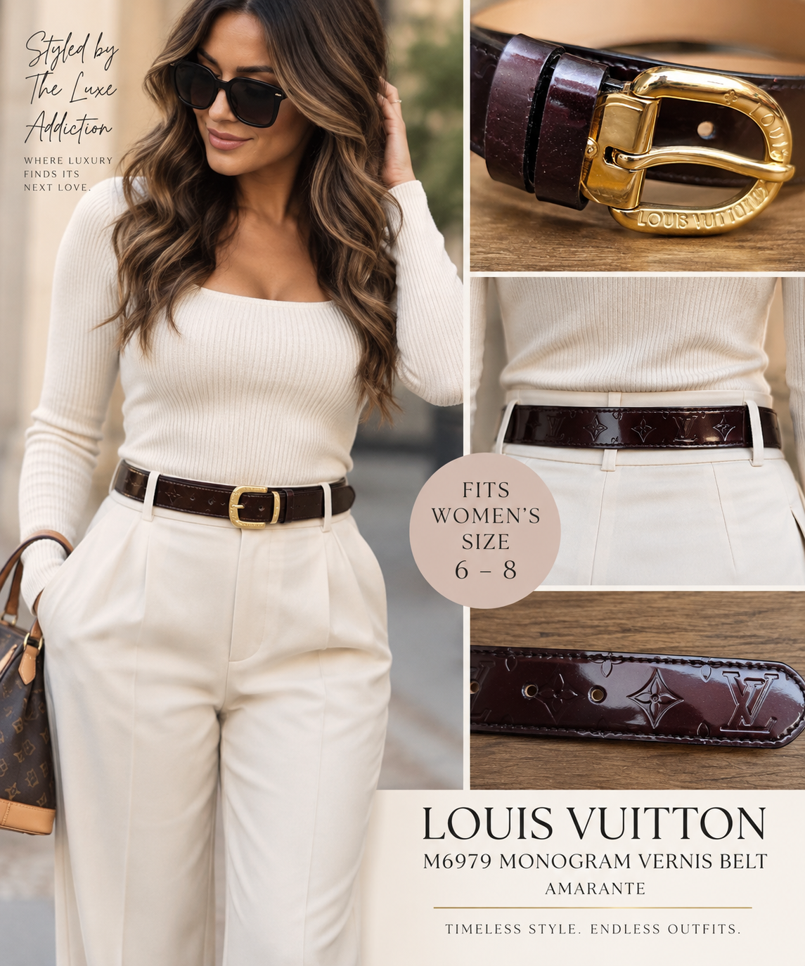 Styling graphic of a model wearing an Amarante Vernis belt, made by The Luxe Addiction