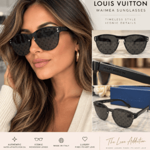 Styling graphic of a model wearing Monogram-lens sunglasses, made by The Luxe Addiction