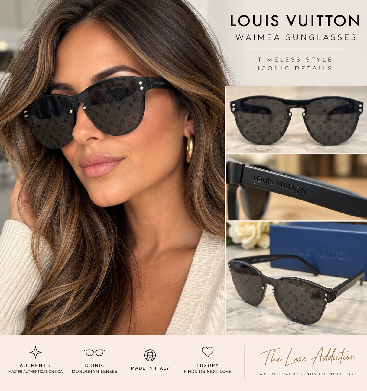Styling graphic of a model wearing Monogram-lens sunglasses, made by The Luxe Addiction