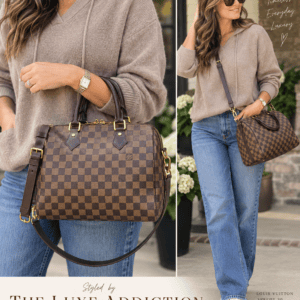 Styling images from The Luxe Addiction showing a Damier Ebene Speedy Bandouliere carried