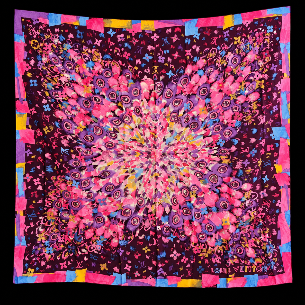 Louis Vuitton Silk Paint Print Monogram Multicolor Large Square Scarf - the full scarf laid flat