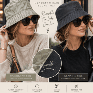 Styling graphic of a model wearing the hat on both the Monogram and graphite sides, made by The Luxe Addiction
