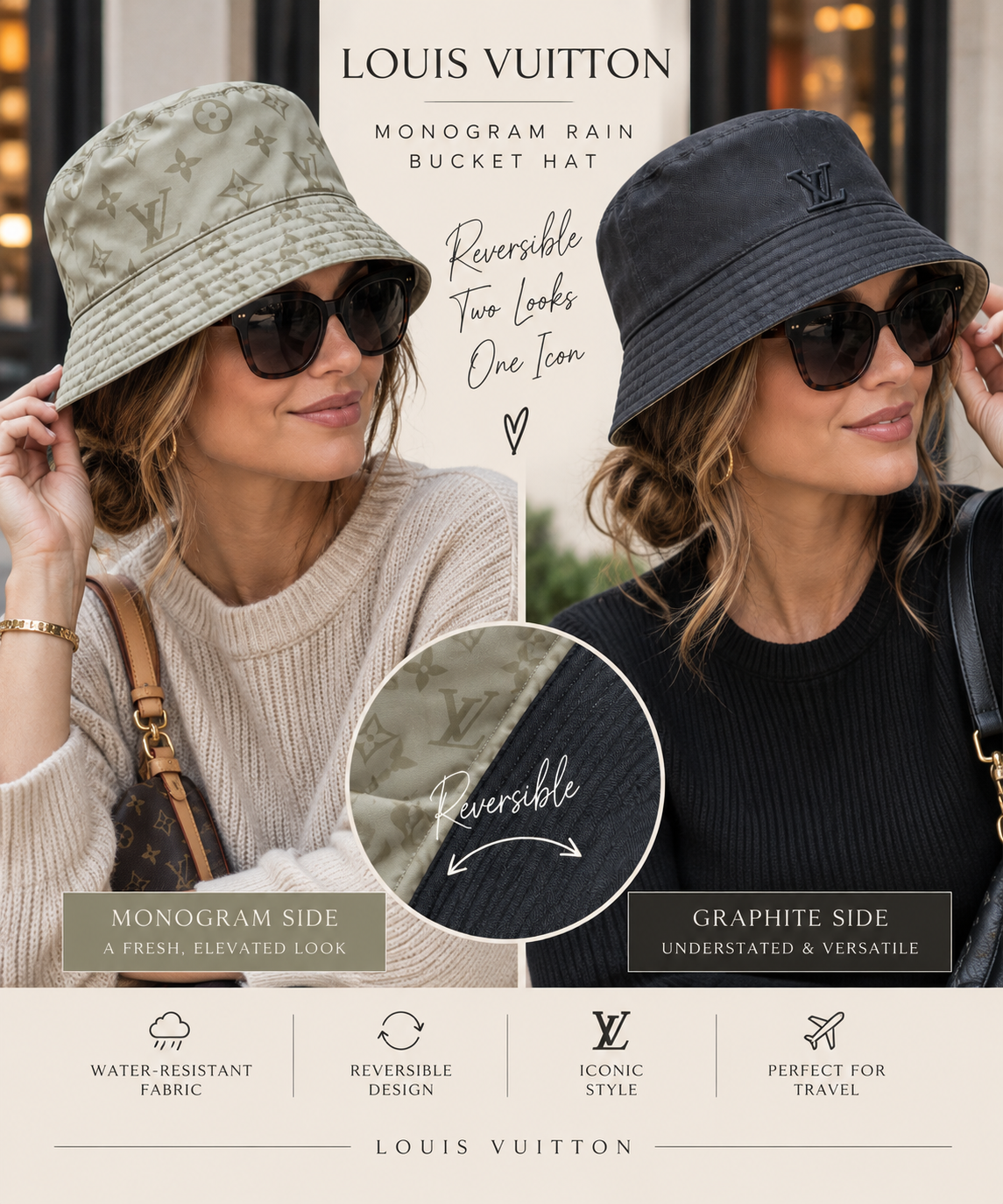 Styling graphic of a model wearing the hat on both the Monogram and graphite sides, made by The Luxe Addiction