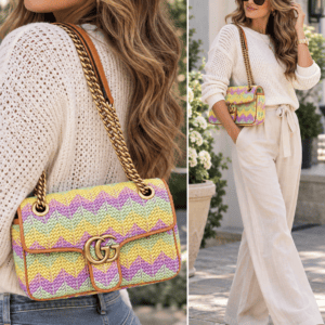 Illustrative model shots showing a Gucci GG Marmont raffia bag carried. These are styling references, not photos of the item for sale