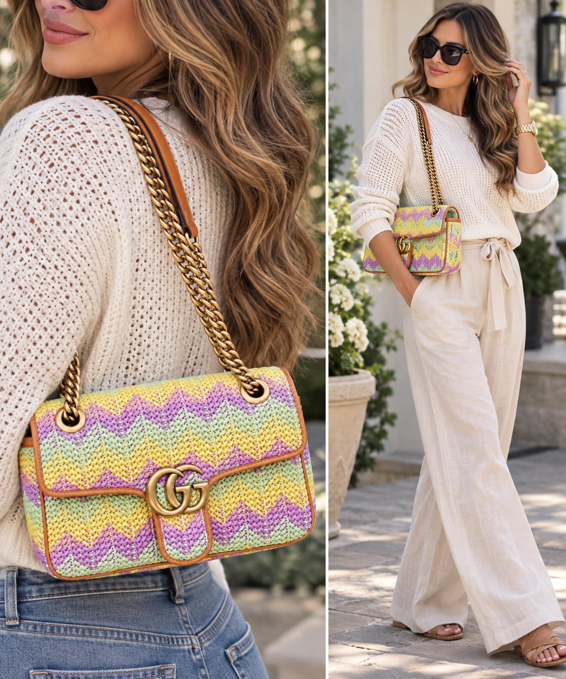 Illustrative model shots showing a Gucci GG Marmont raffia bag carried. These are styling references, not photos of the item for sale