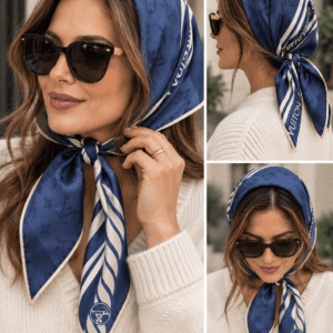 Styling graphic of a model wearing a navy striped scarf as a headscarf, made by The Luxe Addiction
