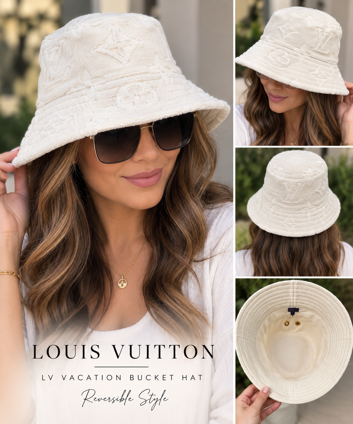 Louis Vuitton brand reference image for the LV Vacation reversible bucket hat. This is a marketing graphic, not a photo of the item for sale
