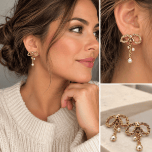 Styling images of a model wearing the Christian Dior braided bow pearl drop earrings