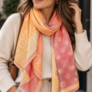 Styling image of a model wearing a coral and orange Monogram scarf