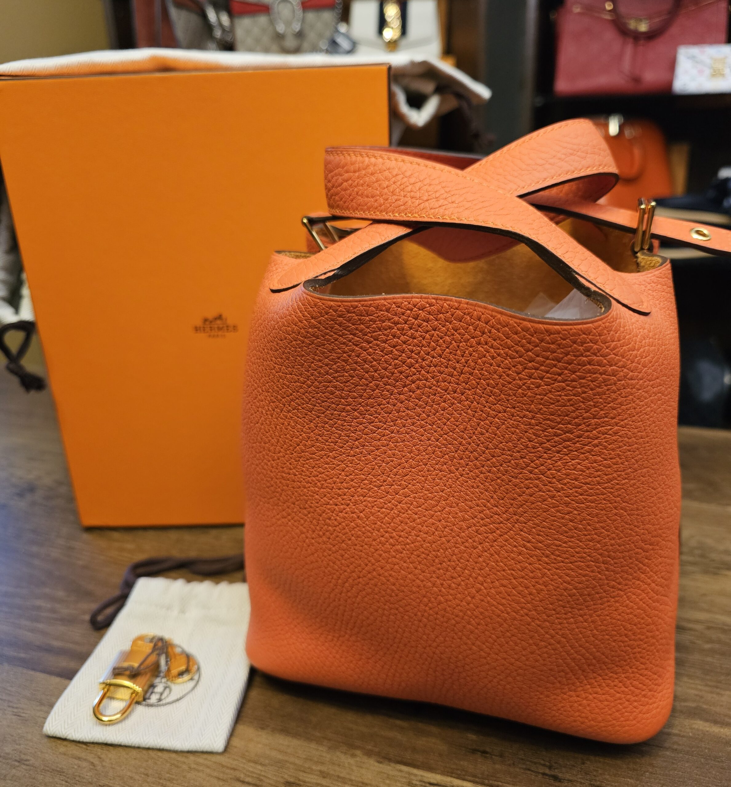 Hermes Picotin Lock 18 PM Orange Gold Hardware - front view with the Hermes box and dust bag
