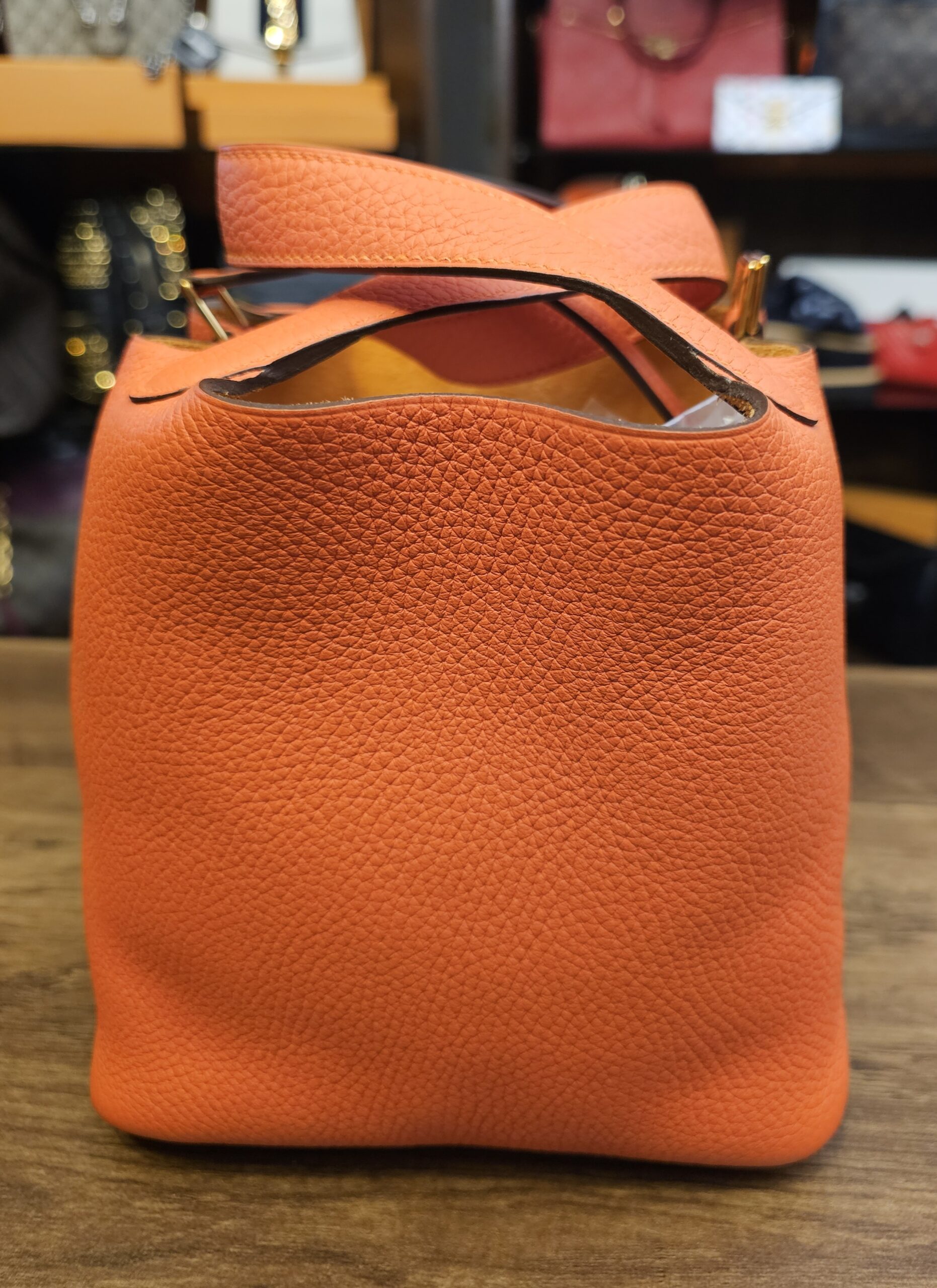 Back view of the orange grained leather