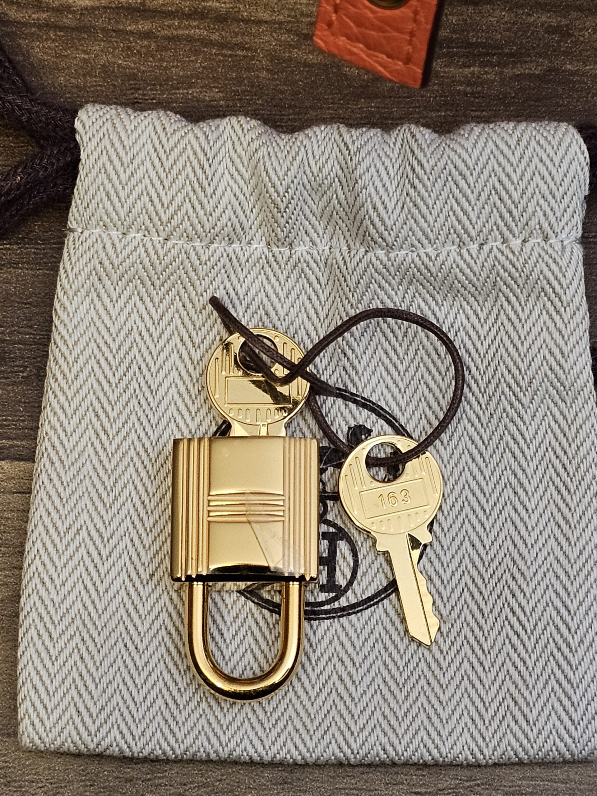 Gold-tone padlock and two keys on the pouch