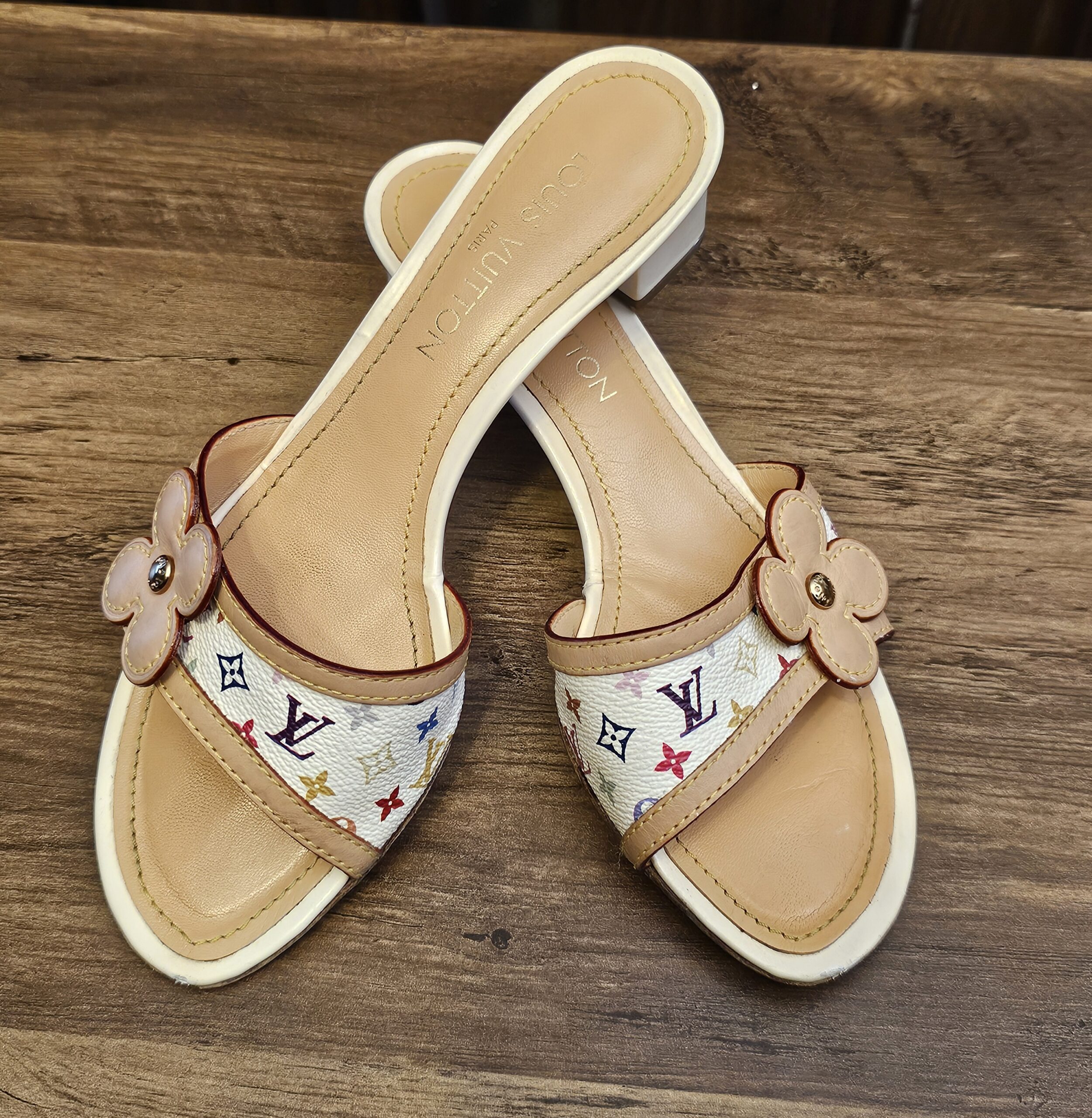 Louis Vuitton Monogram Multicolor Flower Mules White Size 38.5 - pair from above showing the leather flower appliques