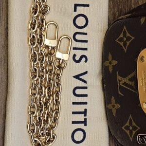 Removable gold-tone chain laid on the dust bag