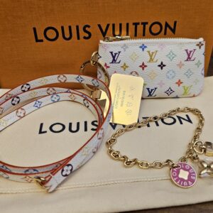 Louis Vuitton x Takashi Murakami Monogram Multicolor Phone Holder White - shown with its strap, charm chain and box
