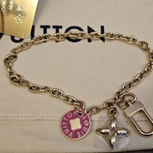 Removable LV charm chain with pink enamel medallion and flower charm