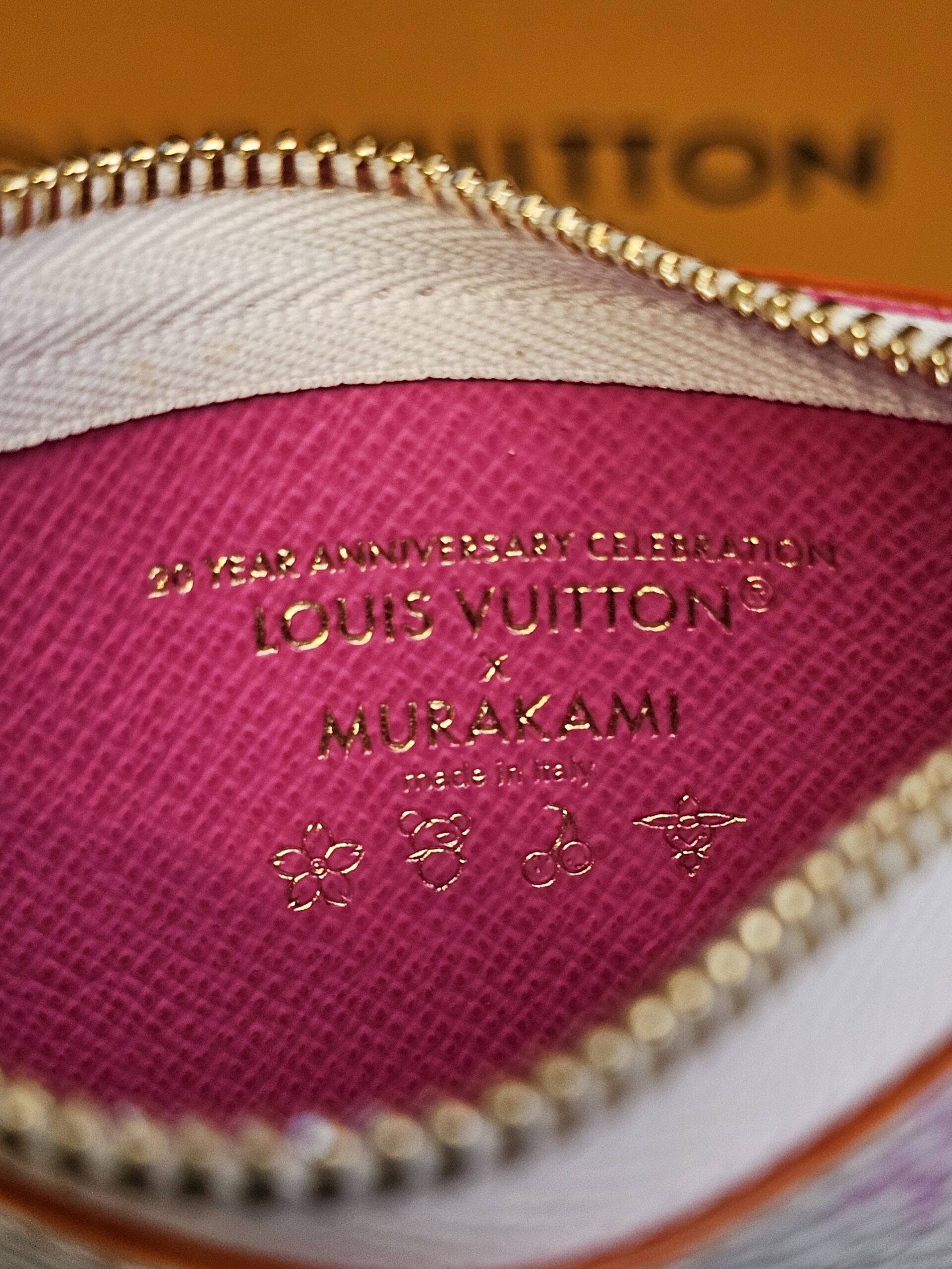 Pink interior stamped 20 Year Anniversary Celebration Louis Vuitton x Murakami