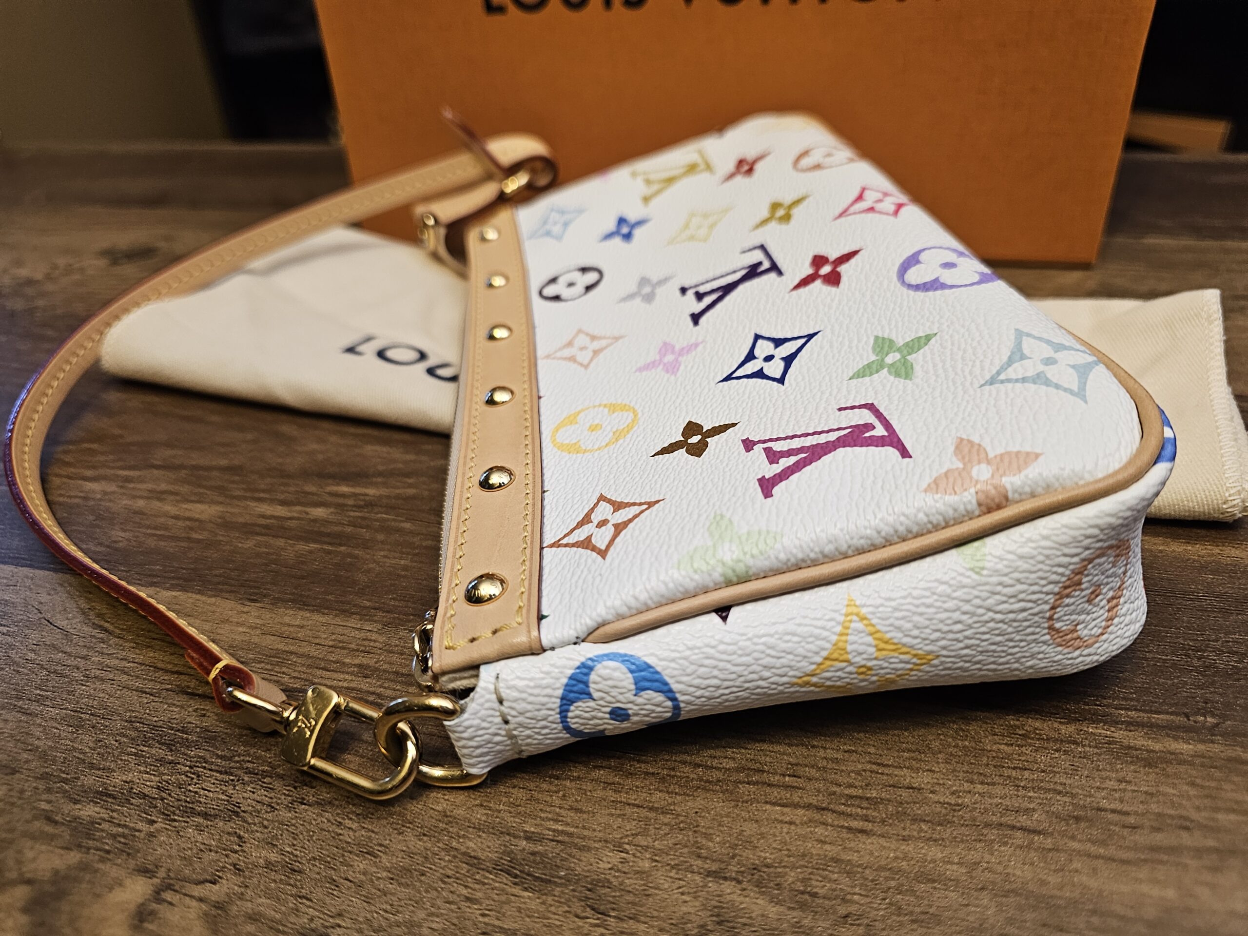 Angled view showing the side and leather strap