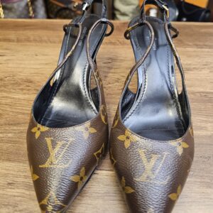 Front view of both pumps showing the pointed Monogram toes