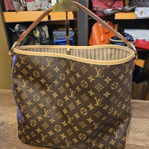 Louis Vuitton Monogram Delightful MM - front view with the vachetta shoulder strap and gold-tone hardware