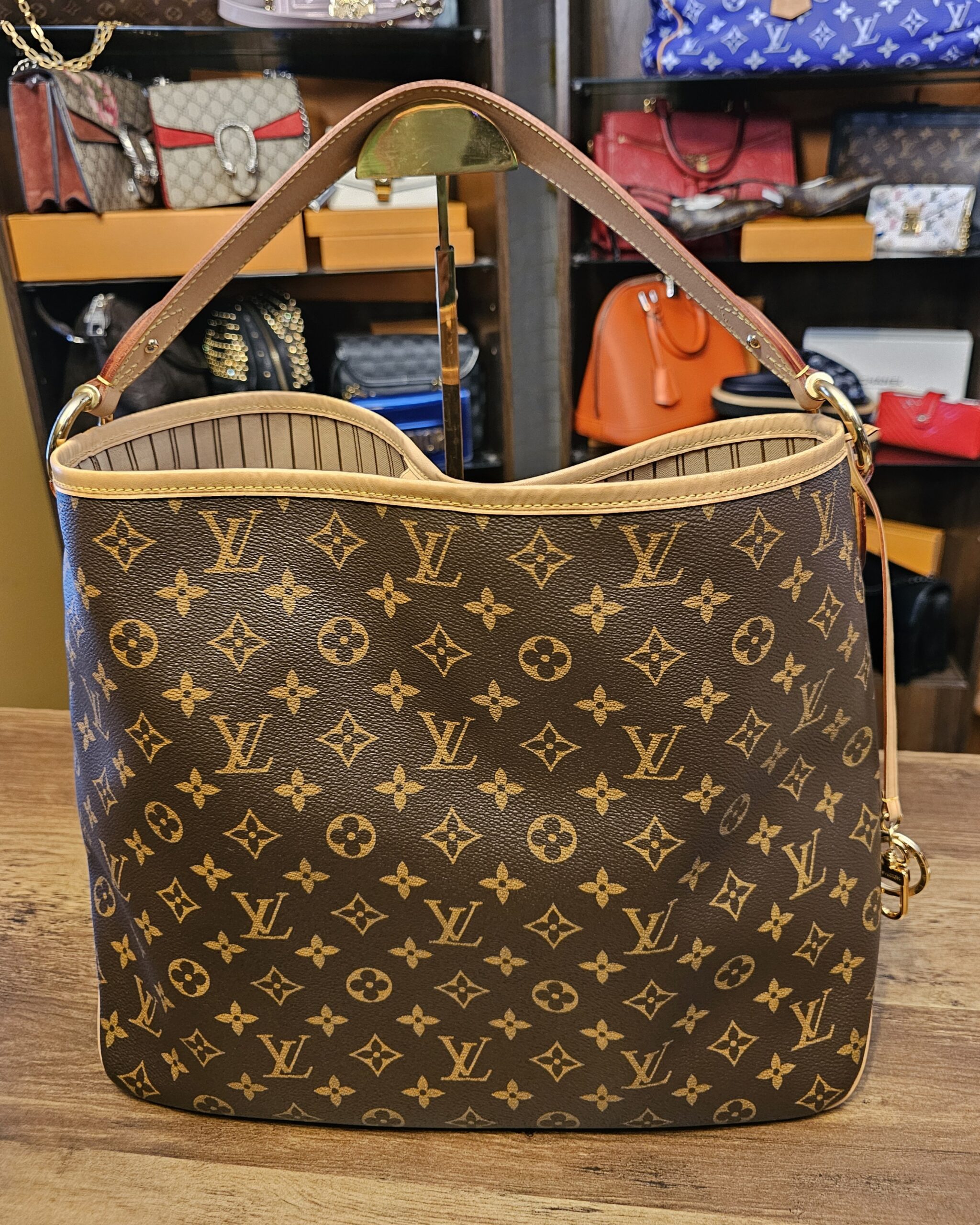 Back of the bag in Monogram canvas with the strap up