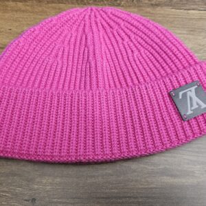 Louis Vuitton Upside Down Wool Knit Beanie Hot Pink - front view with the upside-down LV logo patch on the cuff