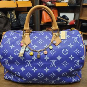 The chain charm on a blue Monogram canvas bag