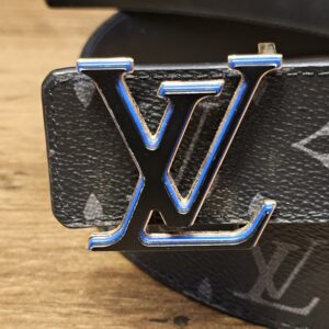 Black LV buckle with blue edges, close up