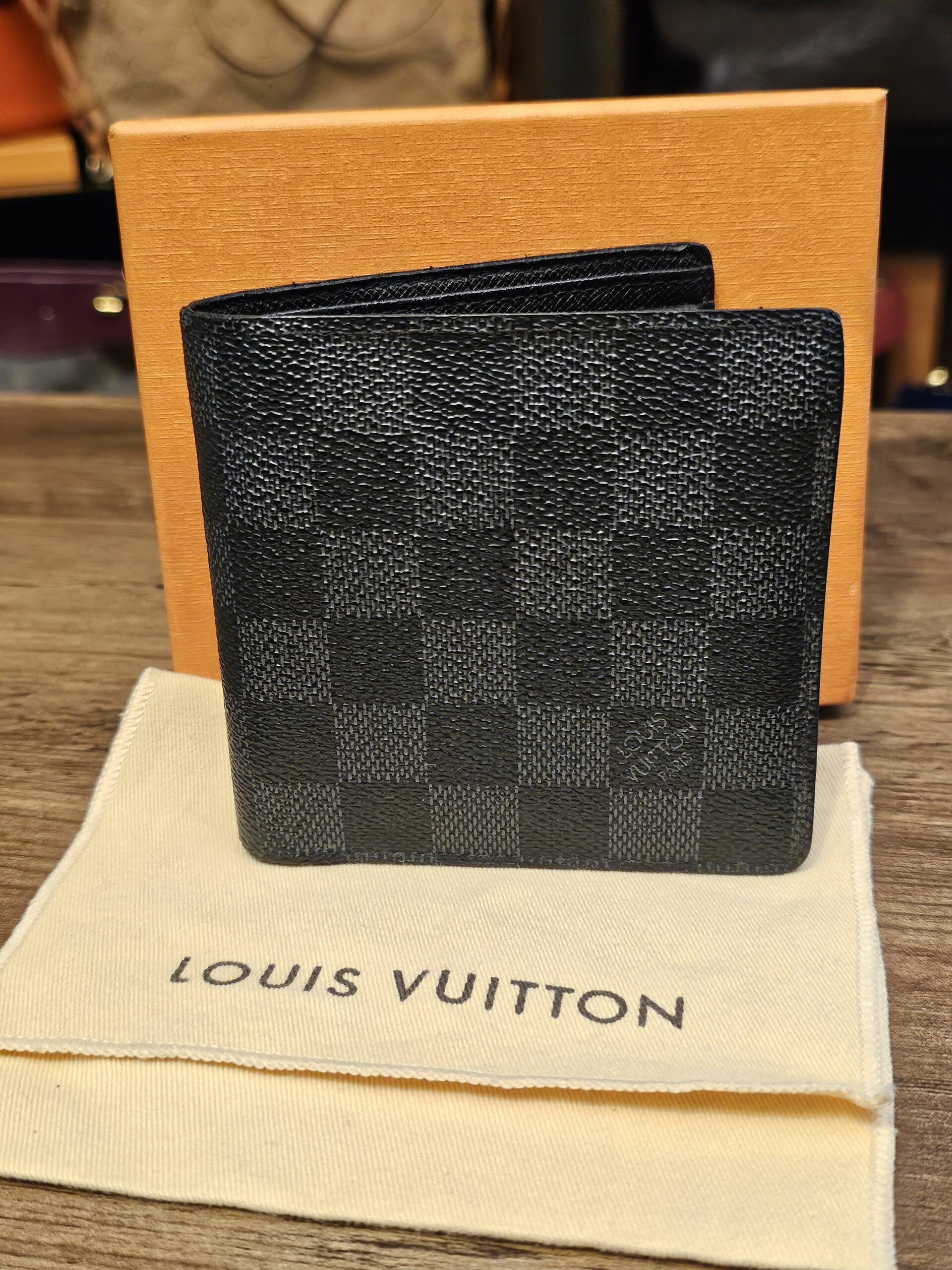 Louis Vuitton Damier Graphite Marco Bifold Wallet - front with its box and dust bag