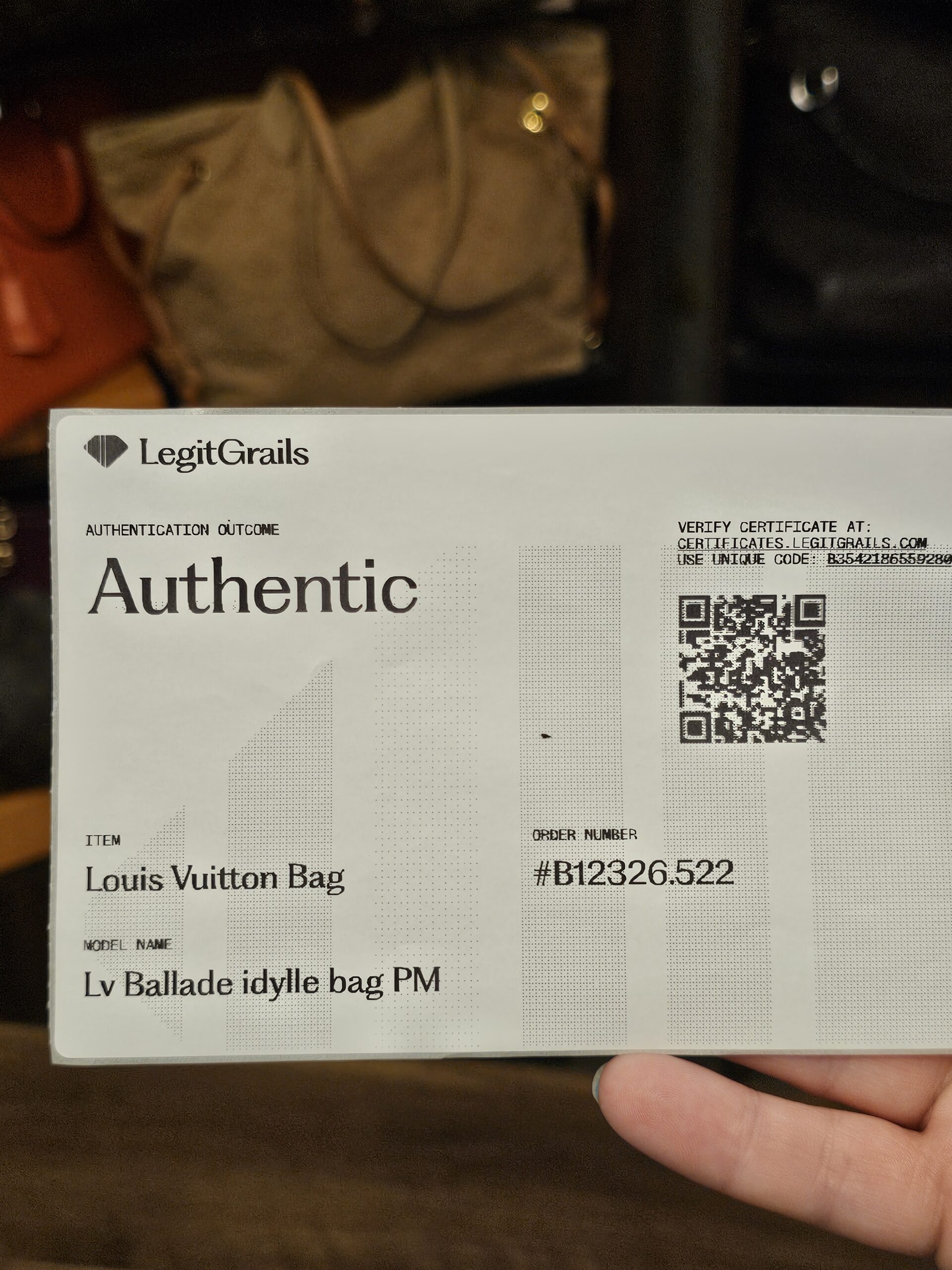 LegitGrails authentication card for the Ballade idylle bag PM