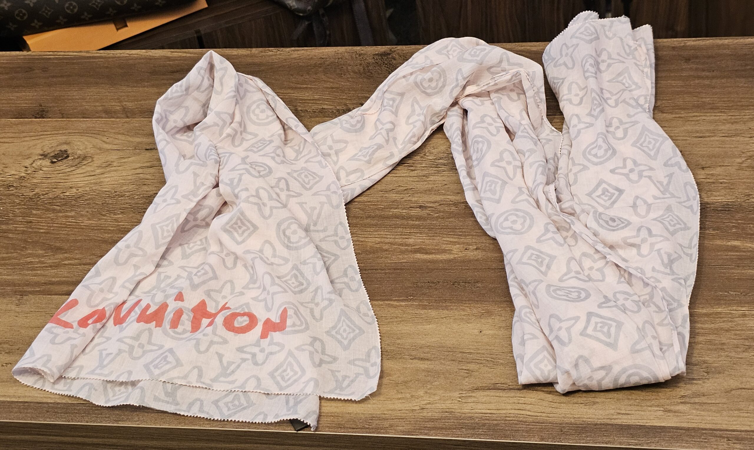 Louis Vuitton x Stephen Sprouse Monogram Graffiti Cotton Scarf Pink - laid flat with the red graffiti lettering