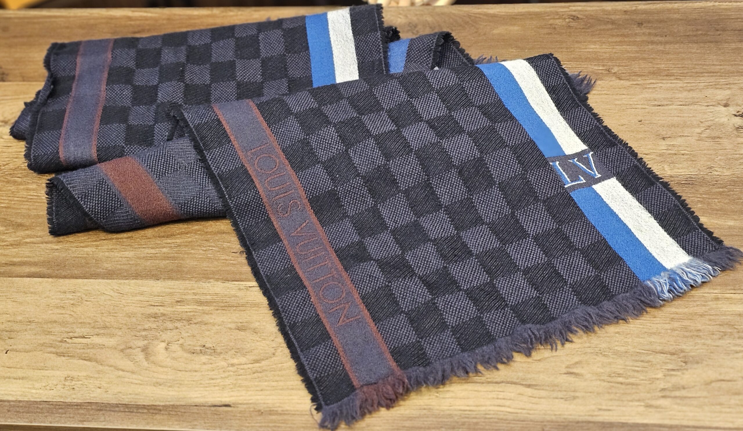 Louis Vuitton Damier Graphite Messenger Wool Scarf - laid flat showing the checkerboard and striped ends