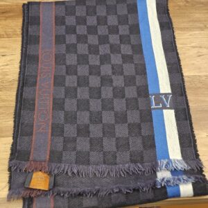Full length with the blue and cream stripe and LV detail