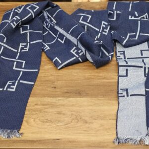 Fendi Reversible FF Geometric Scarf Navy Blue Gray - laid flat showing both sides