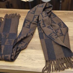 Fendi Vintage FF Zucca Wool Scarf Brown Black, laid flat with fringed ends