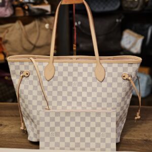 Louis Vuitton Damier Azur Neverfull MM and Pouch, front view on its dust bag