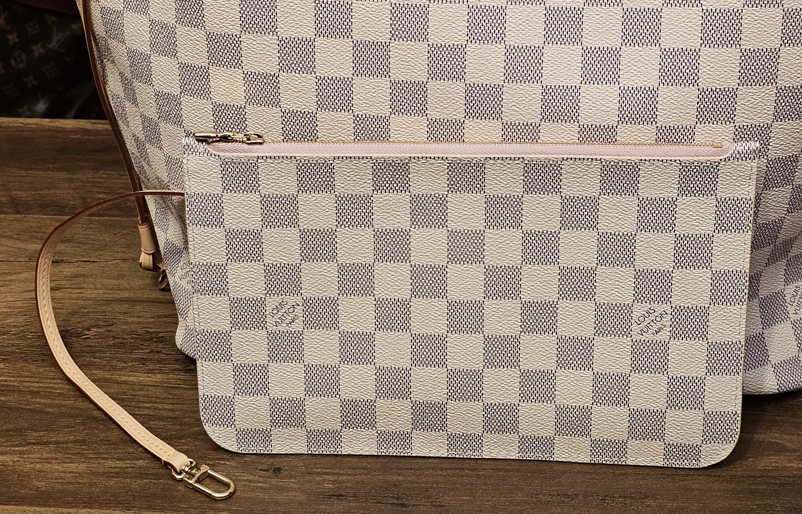 Pouch with its leather strap, back view