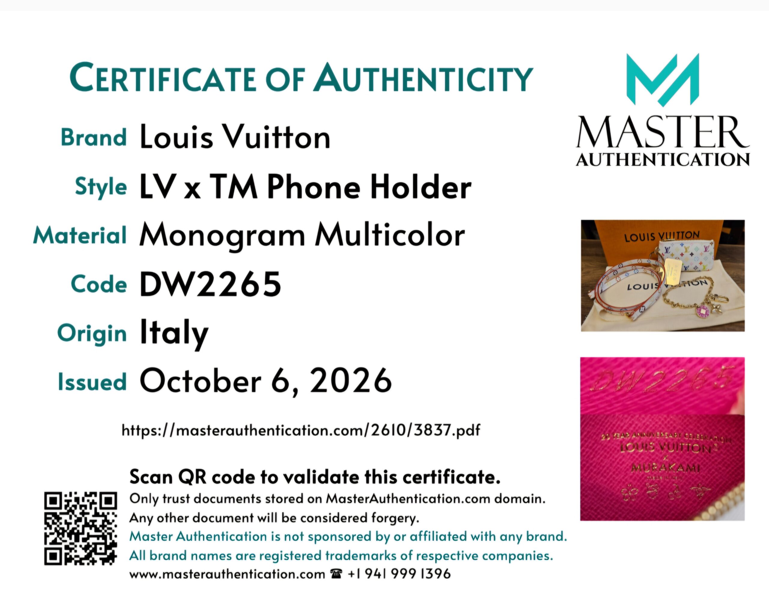 Master Authentication certificate for the LV x TM Phone Holder, code DW2265