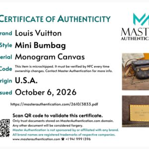 Master Authentication certificate for the Mini Bumbag in Monogram Canvas
