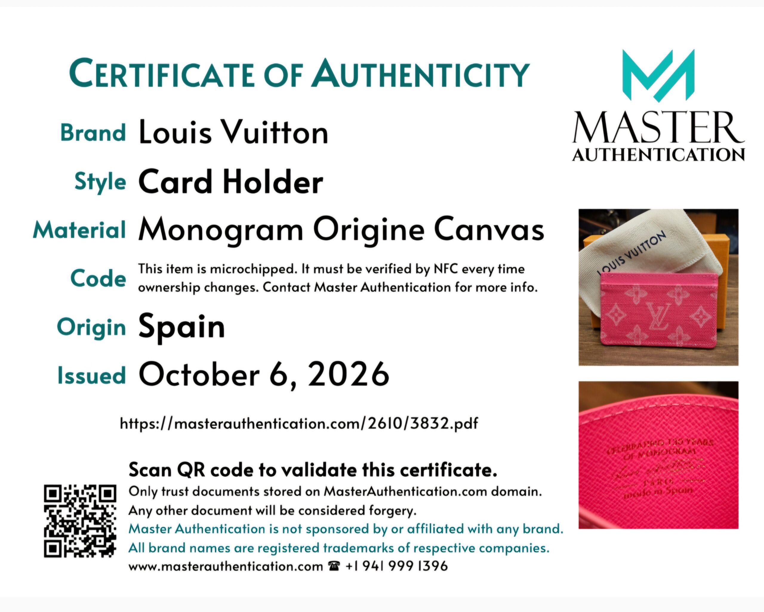 Master Authentication certificate for the Card Holder in Monogram Origine Canvas