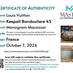 Master Authentication certificate of authenticity for the Keepall Bandouliere 45