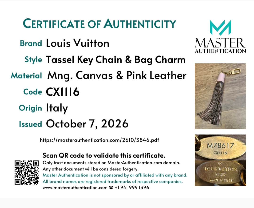 Master Authentication certificate of authenticity for the tassel bag charm