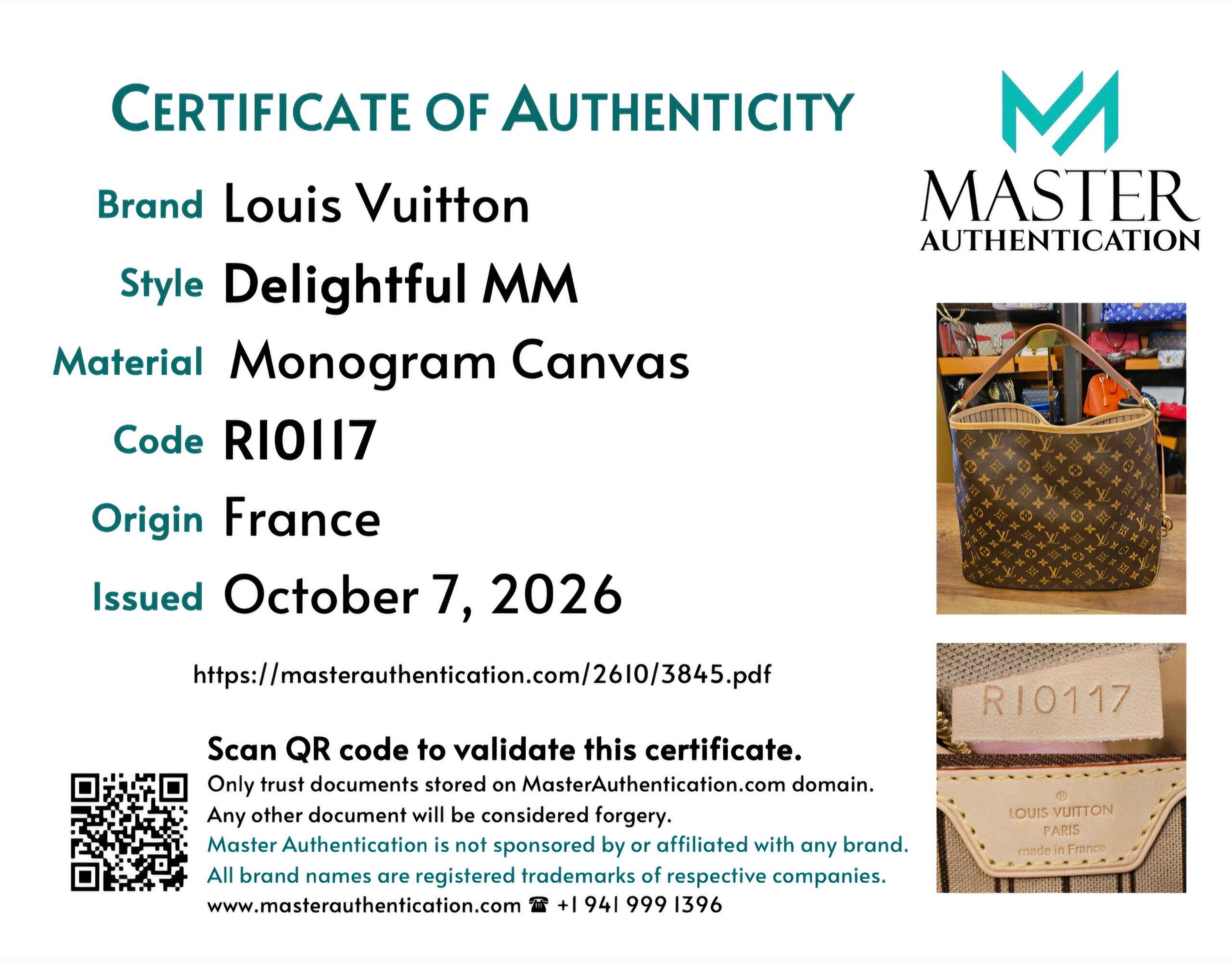 Master Authentication certificate of authenticity for the Delightful MM