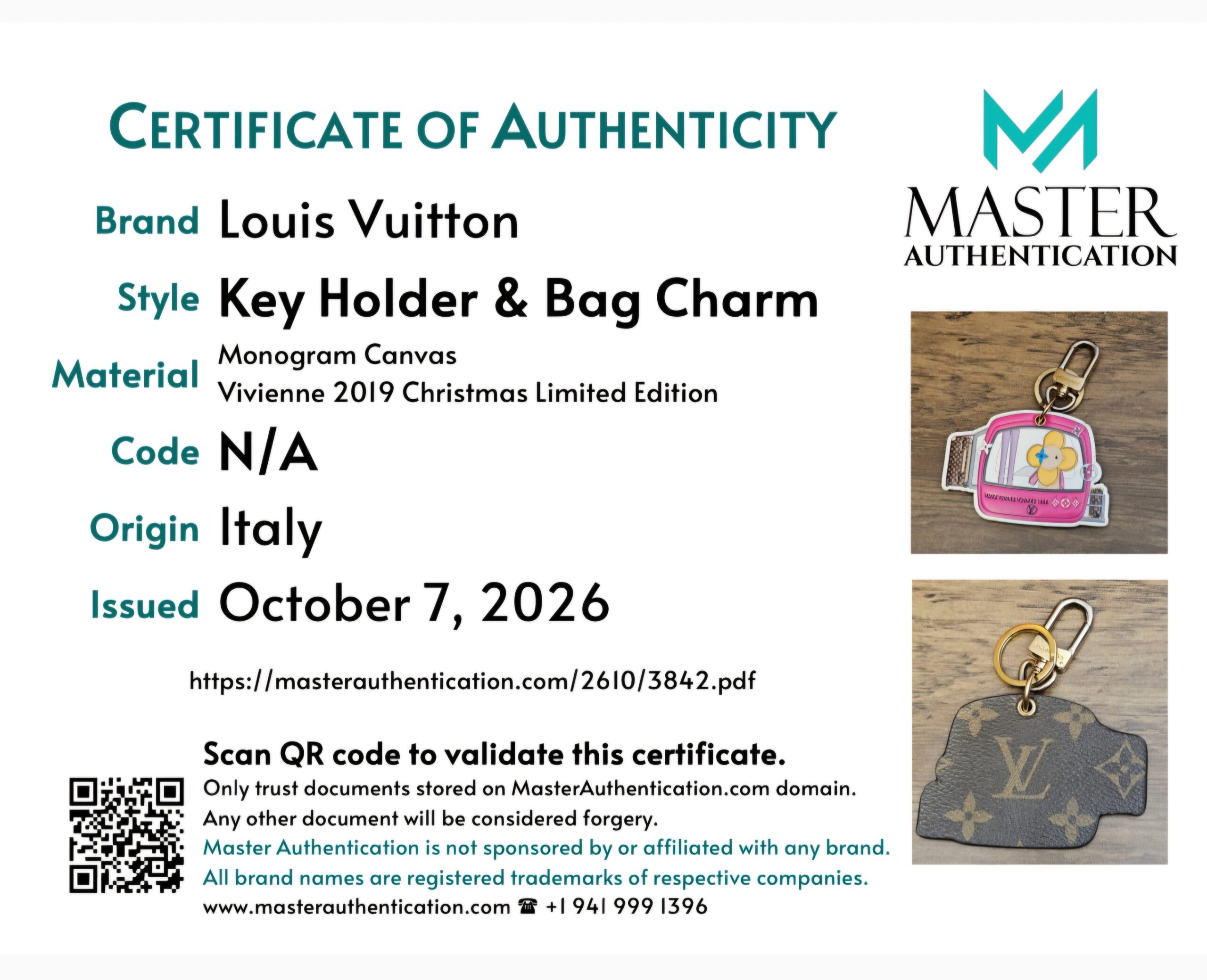 Master Authentication certificate of authenticity for the Vivienne key holder and bag charm