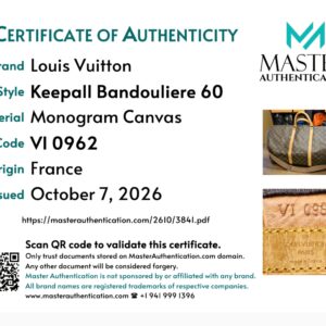 Master Authentication certificate of authenticity for the Keepall Bandouliere 60