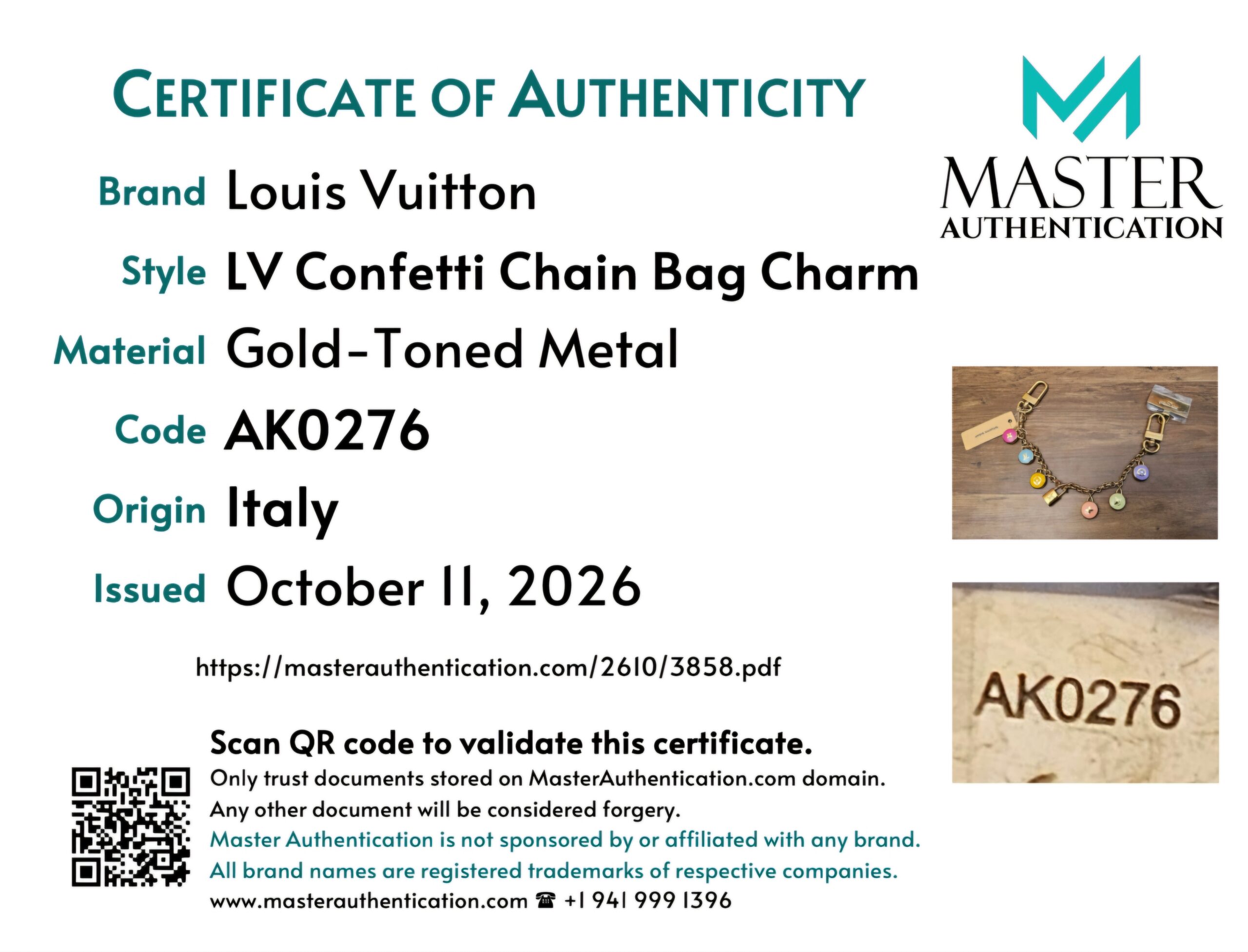 Master Authentication certificate for the LV Confetti Chain Bag Charm, code AK0276