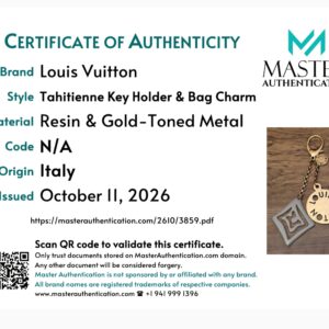 Master Authentication certificate for the Tahitienne Key Holder and Bag Charm