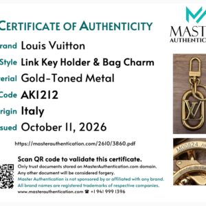 Master Authentication certificate for the Link Key Holder and Bag Charm, code AK1212