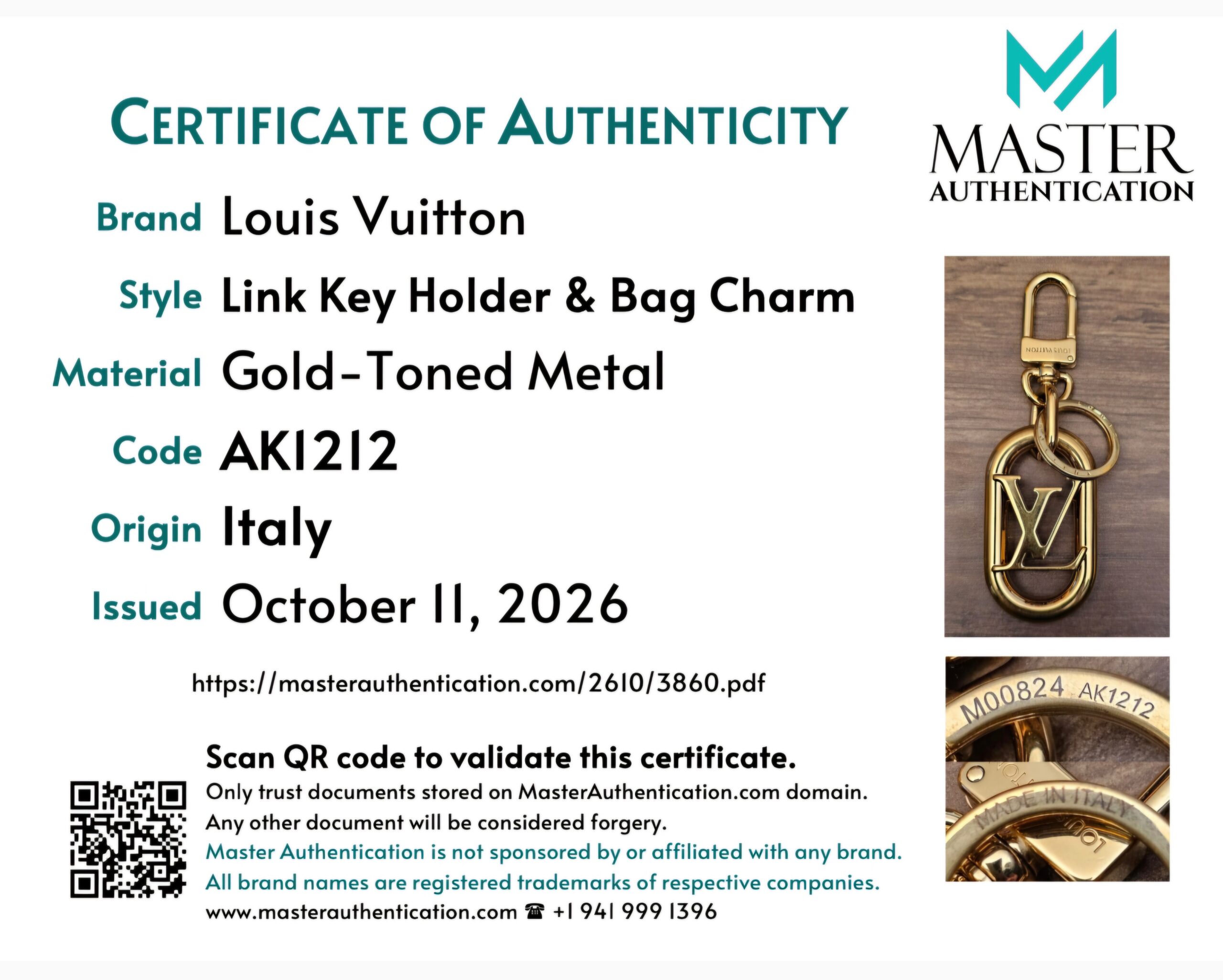 Master Authentication certificate for the Link Key Holder and Bag Charm, code AK1212