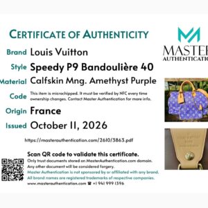 Master Authentication certificate for the Speedy P9 Bandoulière 40 in Amethyst Purple